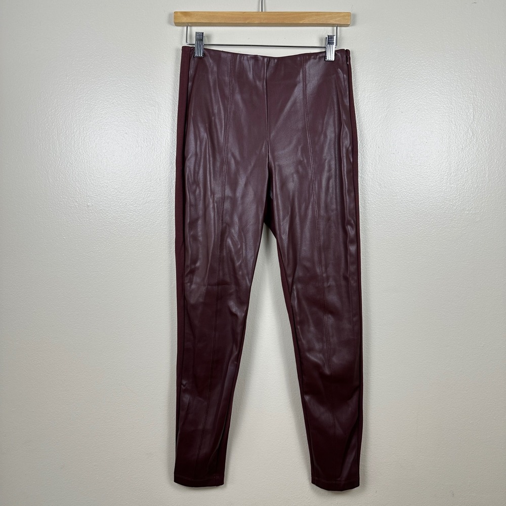 Ann Taylor Women's 2 Leggings Burgundy‎ Faux Leather Mixed Media Side Zip